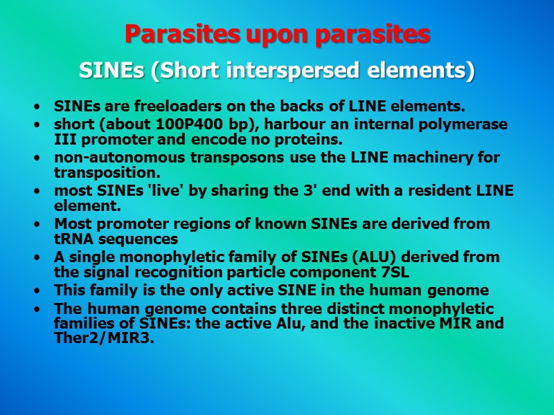 Parasites upon parasites  SINEs (Short interspersed elements)  SINEs are freeloaders on the